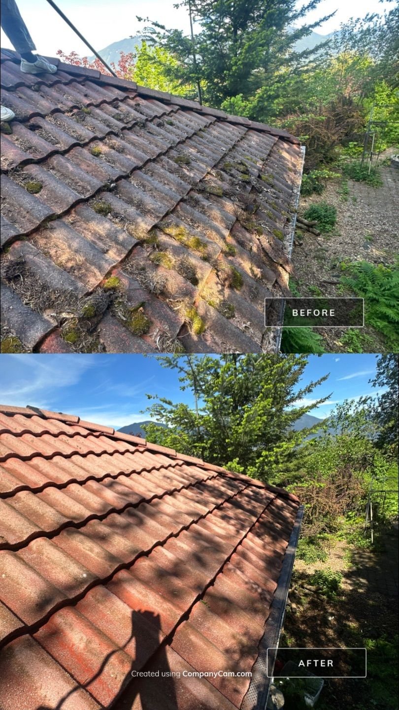Barrel tile roof before and after cleaning in Chilliwack