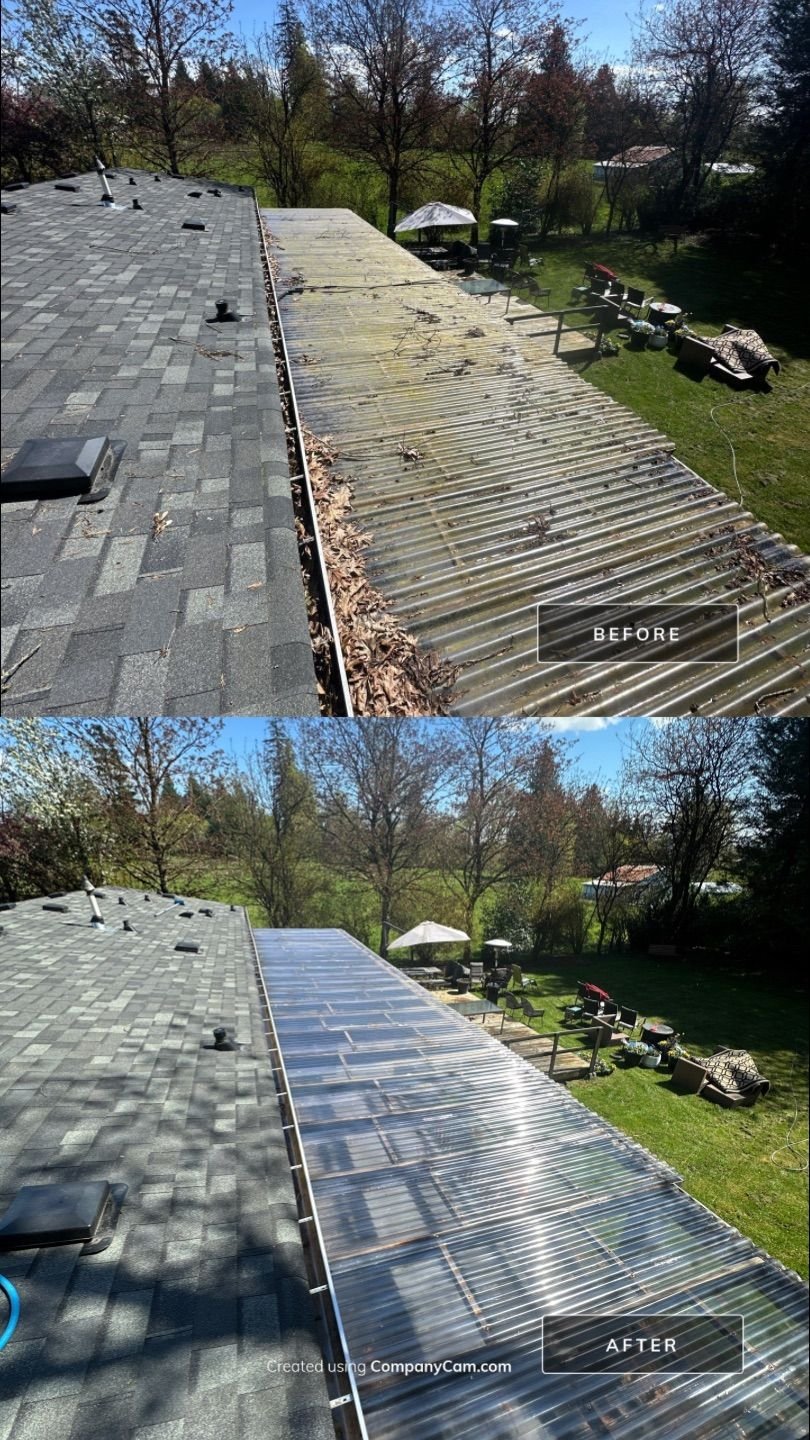 Corrugated plastic patio cover before and after cleaning